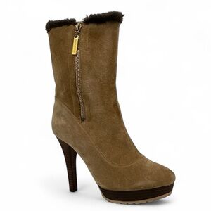 Jimmy Choo Brown Tan Suede Heeled Boots Ankle Size 39 Faux Fur lined
